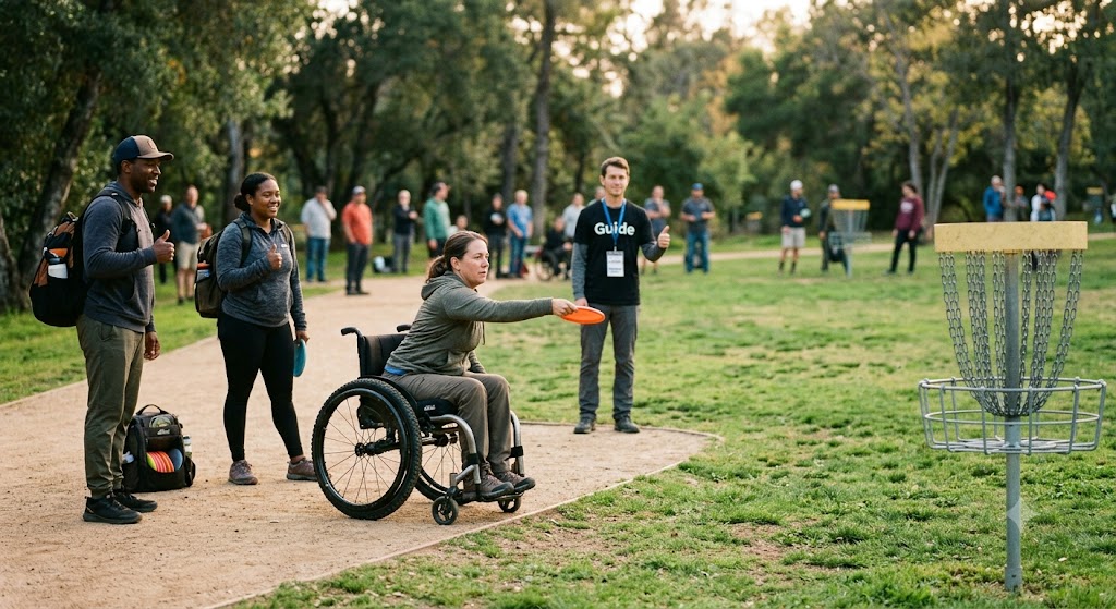 Adaptive disc golf player participating with the community